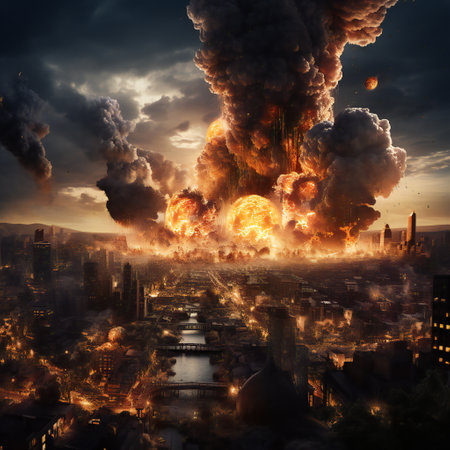 Factory explosion in the city at sunset. 3d render illustration.の素材