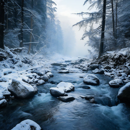 Beautiful winter landscape with a river and snow covered trees in the forestの素材