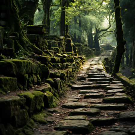 Mysterious path in the forest with old stone stairs and moss.の素材