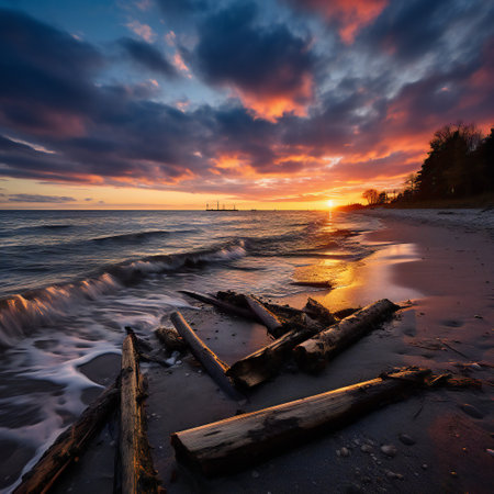 Baltic sea shore at sunset. Dramatic sky, glowing clouds, water splashes.の素材