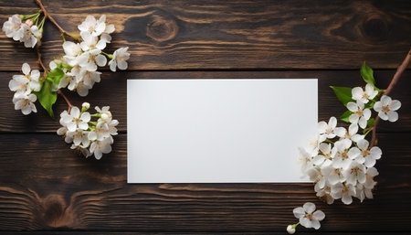 Blank card and cherry blossoms on wooden background, top viewの素材