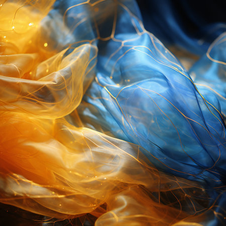 abstract background with blue and yellow transparent fabric, close-upの素材