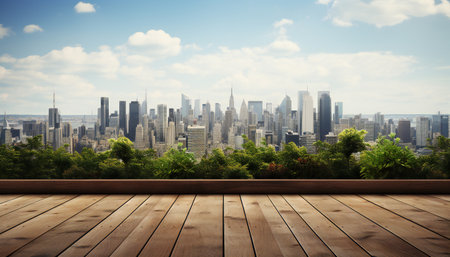 Wood floor against new york city skyline with buildings and green treesの素材