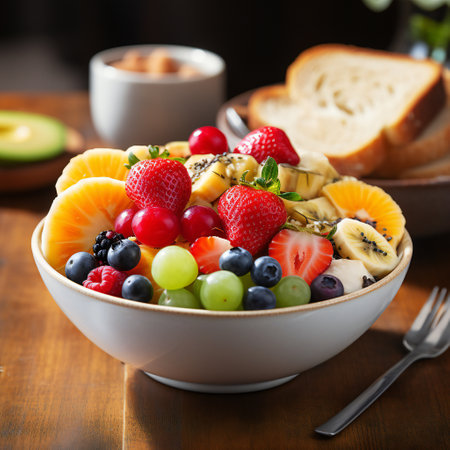 Healthy breakfast bowl with oatmeal, fruits and berries, selective focus.の素材