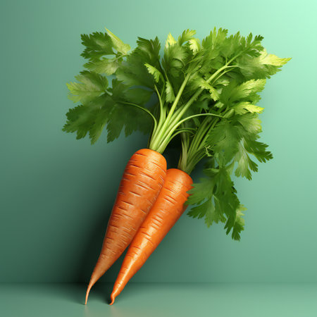 Carrot with green leaves on a green background. 3d renderingの素材