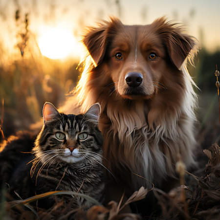 Cat and dog together in the field at sunset. Pet portrait.の素材