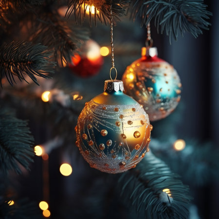 Christmas tree with decorations and lights. New Year concept. Selective focus.の素材