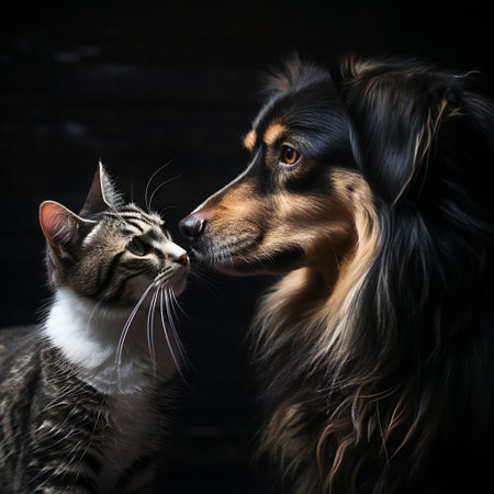 Cat and dog together on dark background. Dog licking cat's nose.の素材