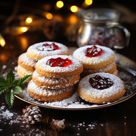 Christmas cookies with jam on a dark wooden background. Selective focus.の素材