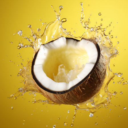 Coconut splashing into water, isolated on yellow background.の素材
