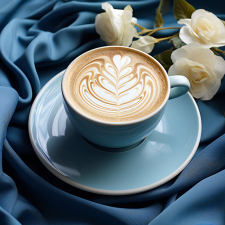 Cup of coffee with latte art on blue satin backgroundの素材