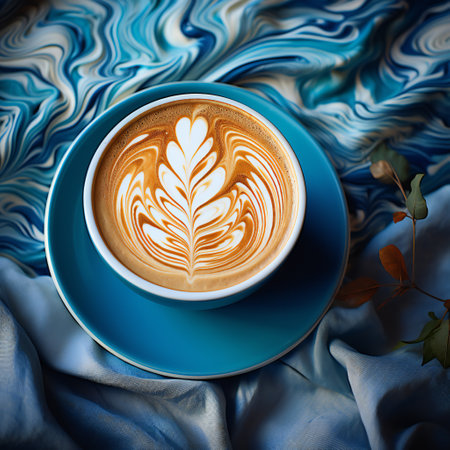 Cup of cappuccino with latte art on blue silk backgroundの素材