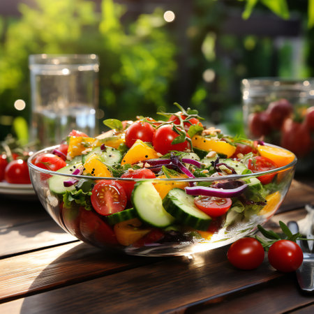 Fresh vegetable salad in glass bowl on wooden table outdoors, closeupの素材