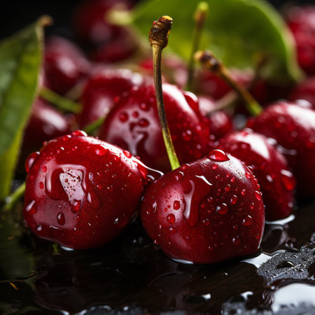 Cherries with water drops on a black background. Selective focus.の素材