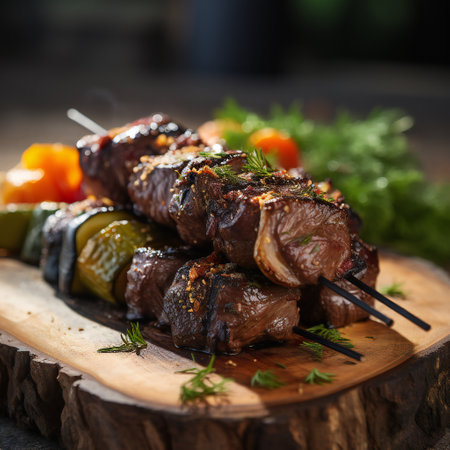 Grilled lamb kebab with vegetables on a wooden board.の素材