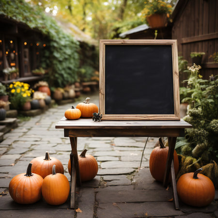 Halloween pumpkins and chalkboard on the background of autumn gardenの素材