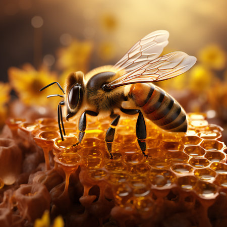 Honey bee with honeycombs in the background. 3d renderingの素材