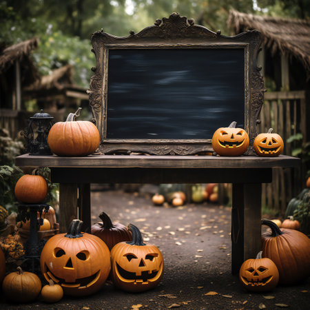 Halloween pumpkins and blackboard with copy space for your textの素材