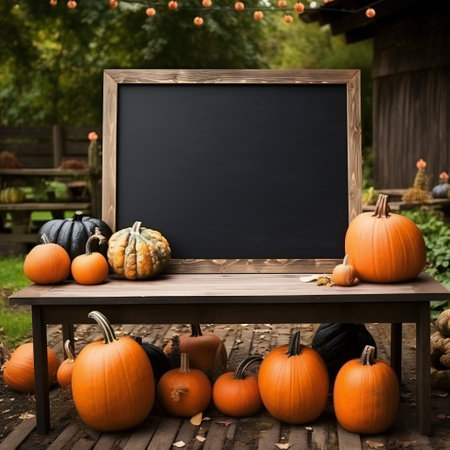 Halloween pumpkins and blackboard on wooden table in front of barnの素材