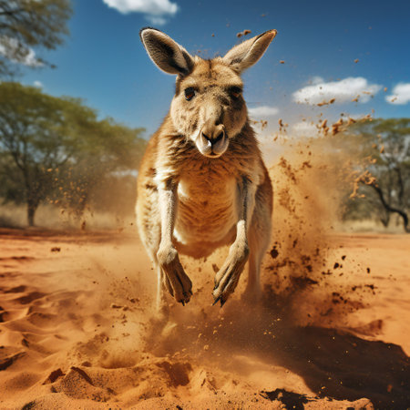 Kangaroo jumping in the desert with splashes of sand.の素材