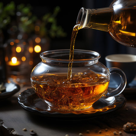 Pouring tea from teapot into glass cup on wooden tableの素材
