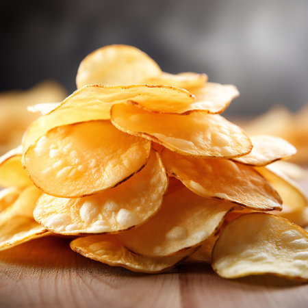 Potato chips on a wooden background. toning. selective focusの素材