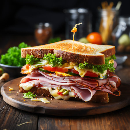 sandwich with ham, cheese and vegetables on a dark wooden backgroundの素材