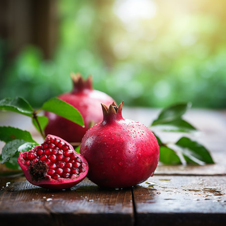Ripe pomegranate fruits on wooden table. Selective focusの素材