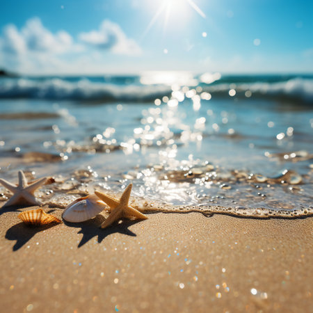 Starfish on the sand beach. Summer vacation concept. Copy space.の素材