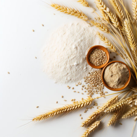 Wheat and flour on a white background. Flat lay, top view.の素材
