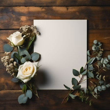 Flowers composition. White roses, eucalyptus branches and eucalyptus leaves on wooden background. Flat lay, top view, copy spaceの素材