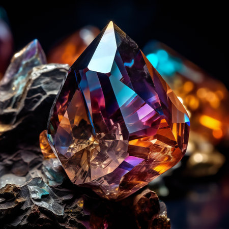 Natural gemstones on black background. Macro photo of natural gemstones.の素材