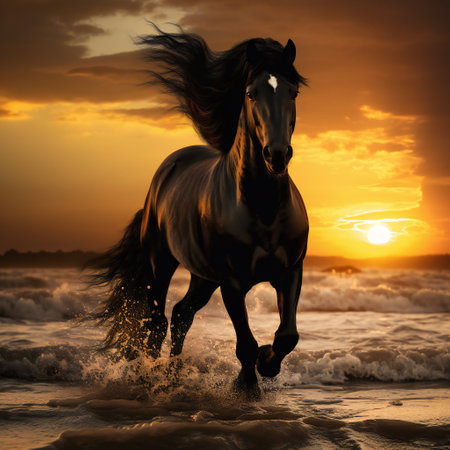 Black horse galloping on the beach at sunset. 3d renderingの素材