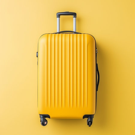 Yellow travel suitcase isolated on yellow background. Top view, flat layの素材