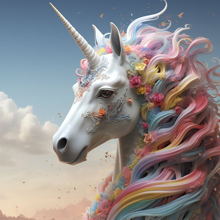 Unicorn with colorful rainbow hair. 3D illustration. Fantasy.の素材