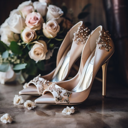 Wedding shoes and bouquet of flowers on a wooden backgroundの素材
