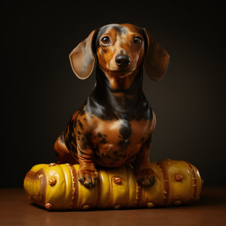 Dachshund dog sitting on a pouf on a dark backgroundの素材