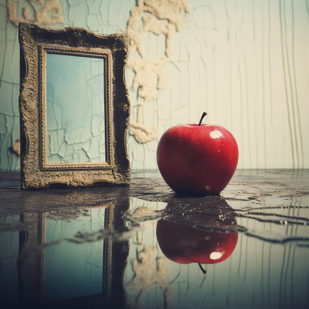 Still life with a red apple and a picture frame on a mirror surfaceの素材