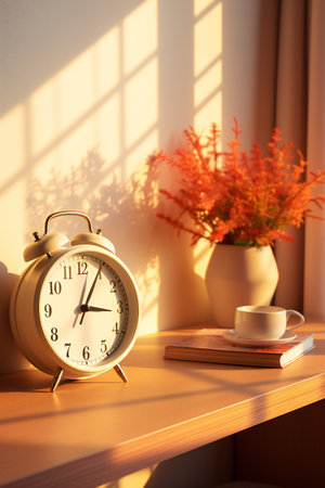 Alarm clock and cup of coffee on table near window in roomの素材