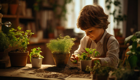 Cute little boy planting seedlings in pots on the table at homeの素材