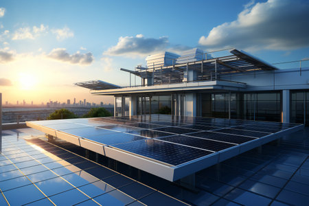 Solar panels on the roof of a modern building. 3d renderの素材