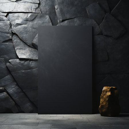 Blank black poster on stone wall. Mock up, 3D Renderingの素材