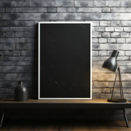 Blank black poster on shelf in modern interior. Mock up, 3D Renderingの素材