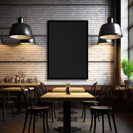 Interior of a cafe with brick walls, a wooden floor and a black mock up poster on the wall. 3d renderingの素材