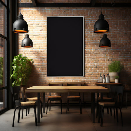 Modern cafe interior with empty black poster on brick wall. Mock up, 3D Renderingの素材
