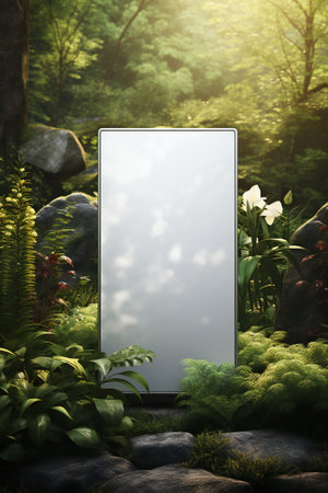Blank white poster in the green garden. 3d rendering.の素材