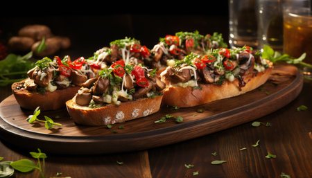 Delicious bruschetta with mushrooms and cheese on wooden boardの素材