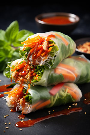 Fresh spring rolls with vegetables and sesame seeds on a black backgroundの素材