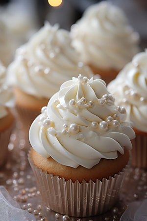 Tasty cupcakes with white cream and pearls, closeupの素材