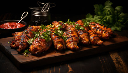 Grilled chicken wings on a wooden board with sauce and parsleyの素材